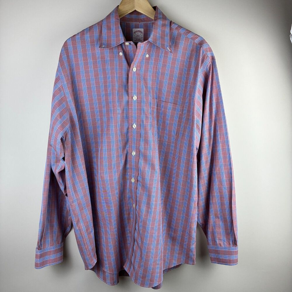 Brooks Brothers 346 Men’s L Plaid Button Down Shirt Red Blue Cotton Non-Iron L